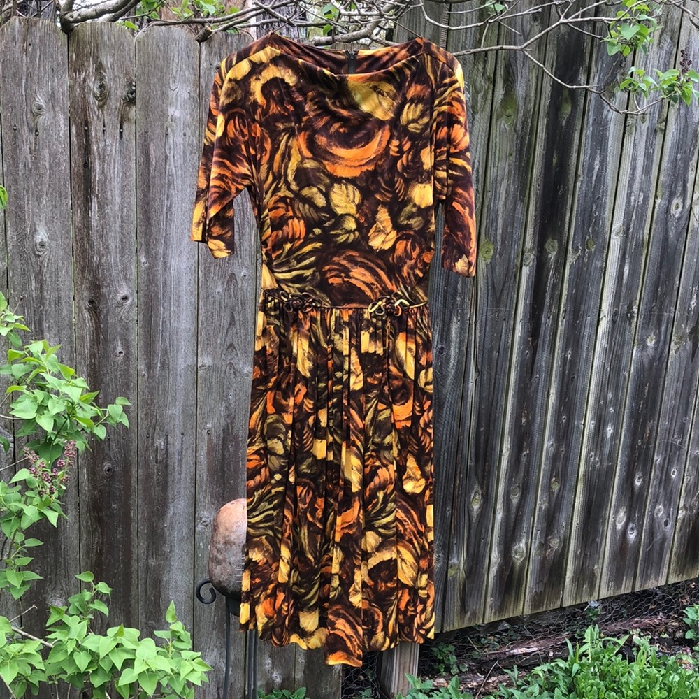 S 60s 70s? Vintage Autumn Roses Print Dress Pockets Union Label Floral Print